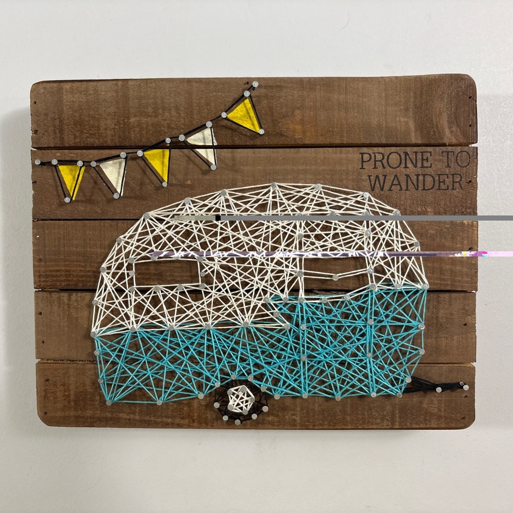 Primitives by Kathy Prone to Wander Camper String Art Wooden Box Sign 10x8x2